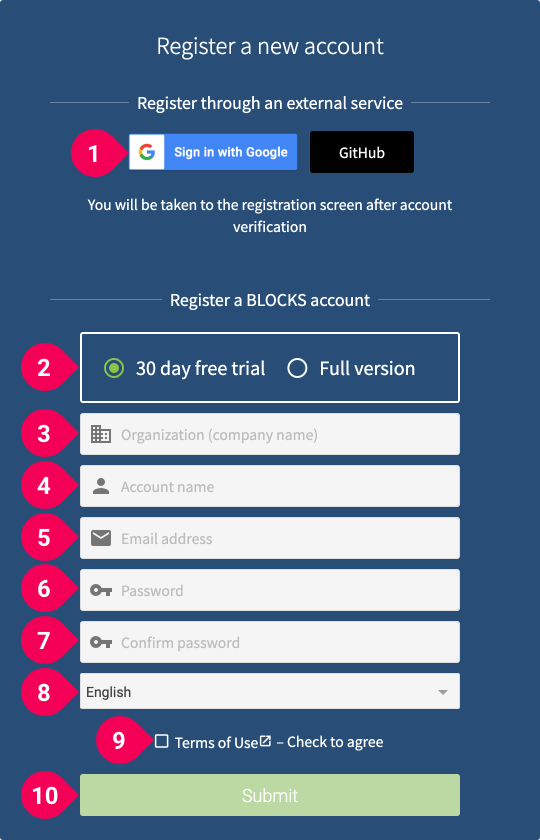 Register new account page
