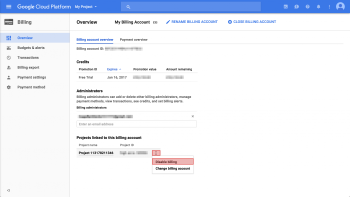 Disable GCP billing