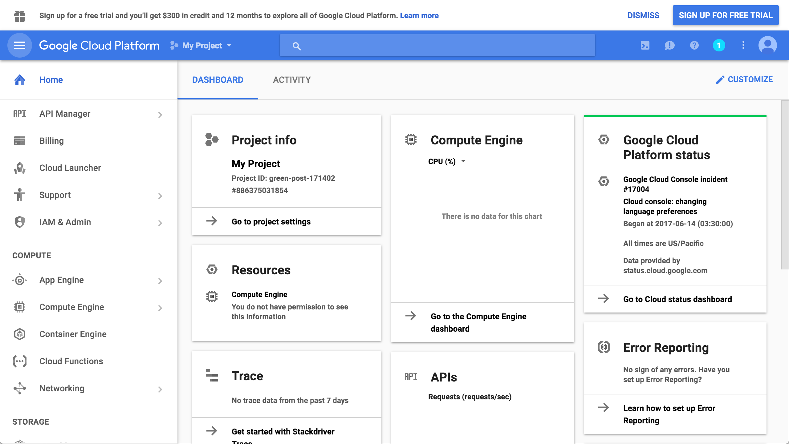 GCP console dashboard screen