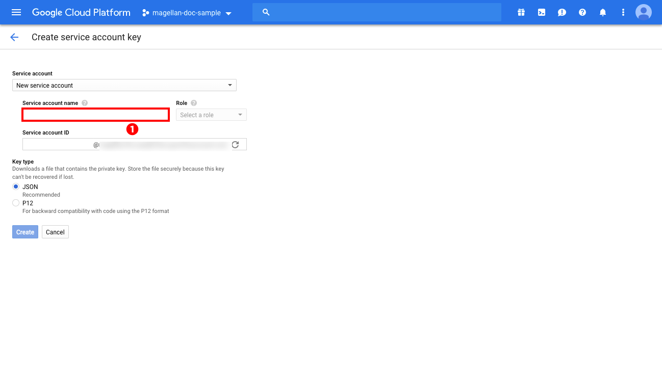 Entering a name for your GCP service account