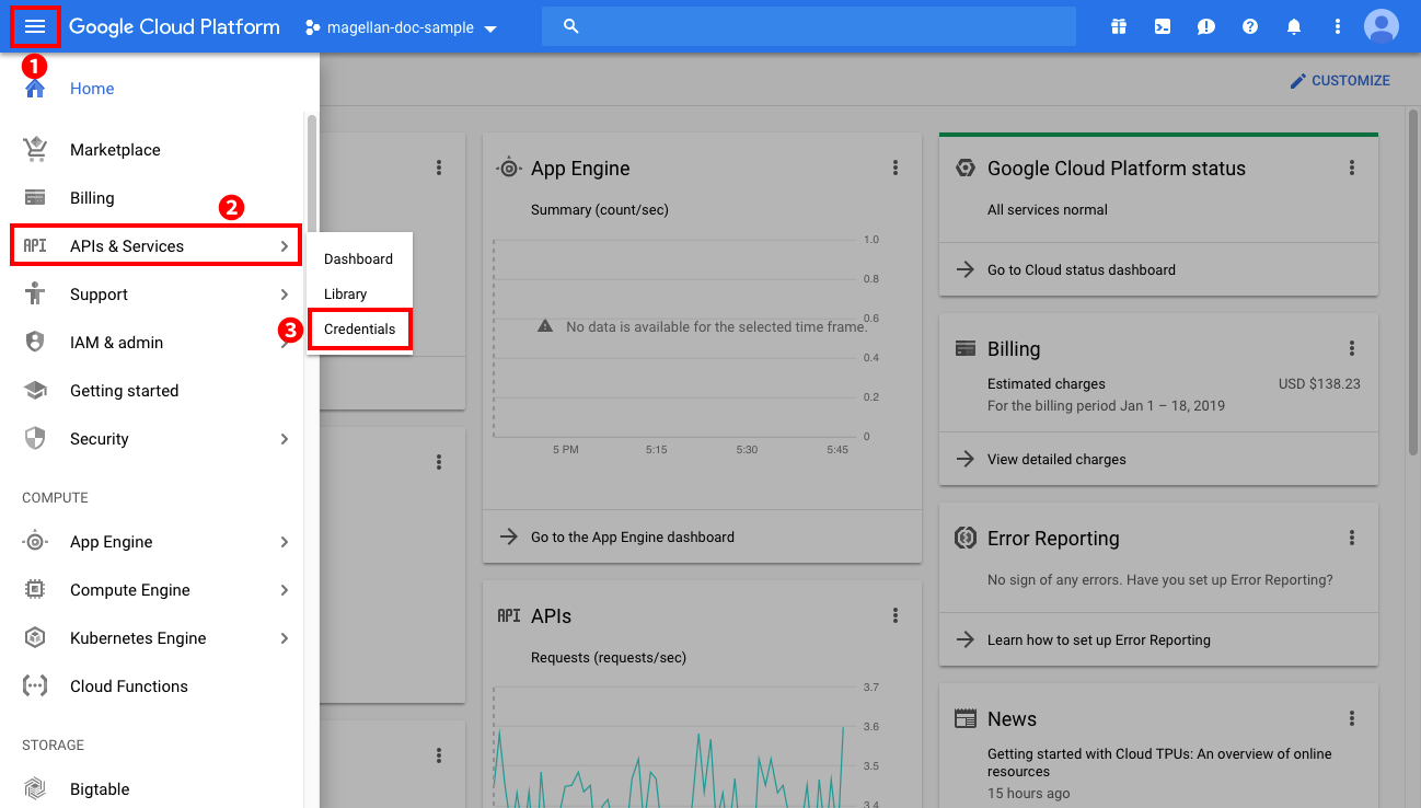 Selecting APIs & Services from the GCP menu