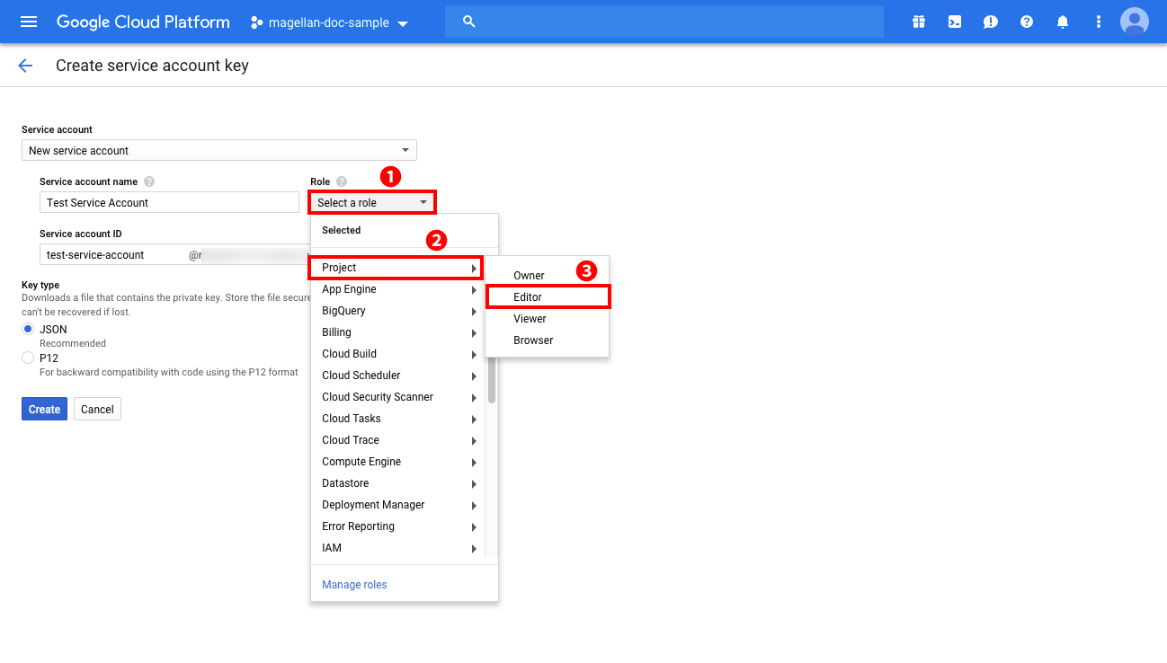 Selecting the role for your GCP service account