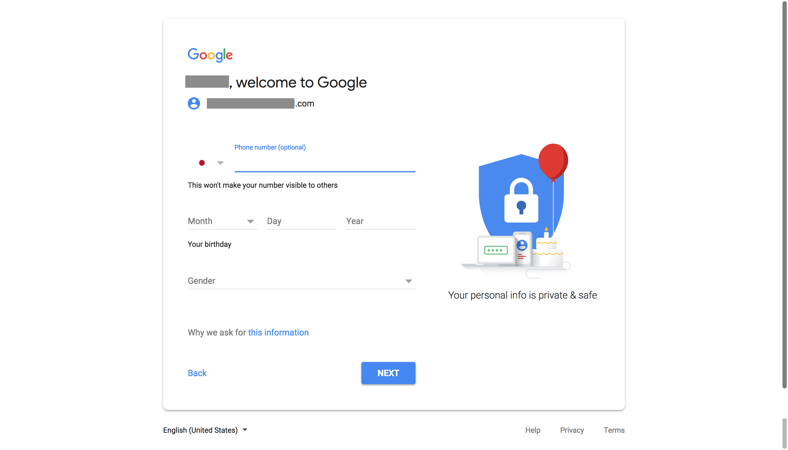 Google account welcome screen