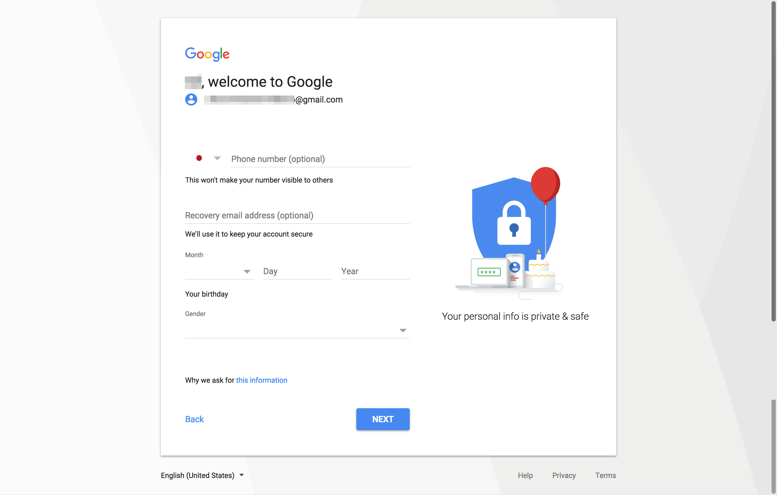 Google account registration page