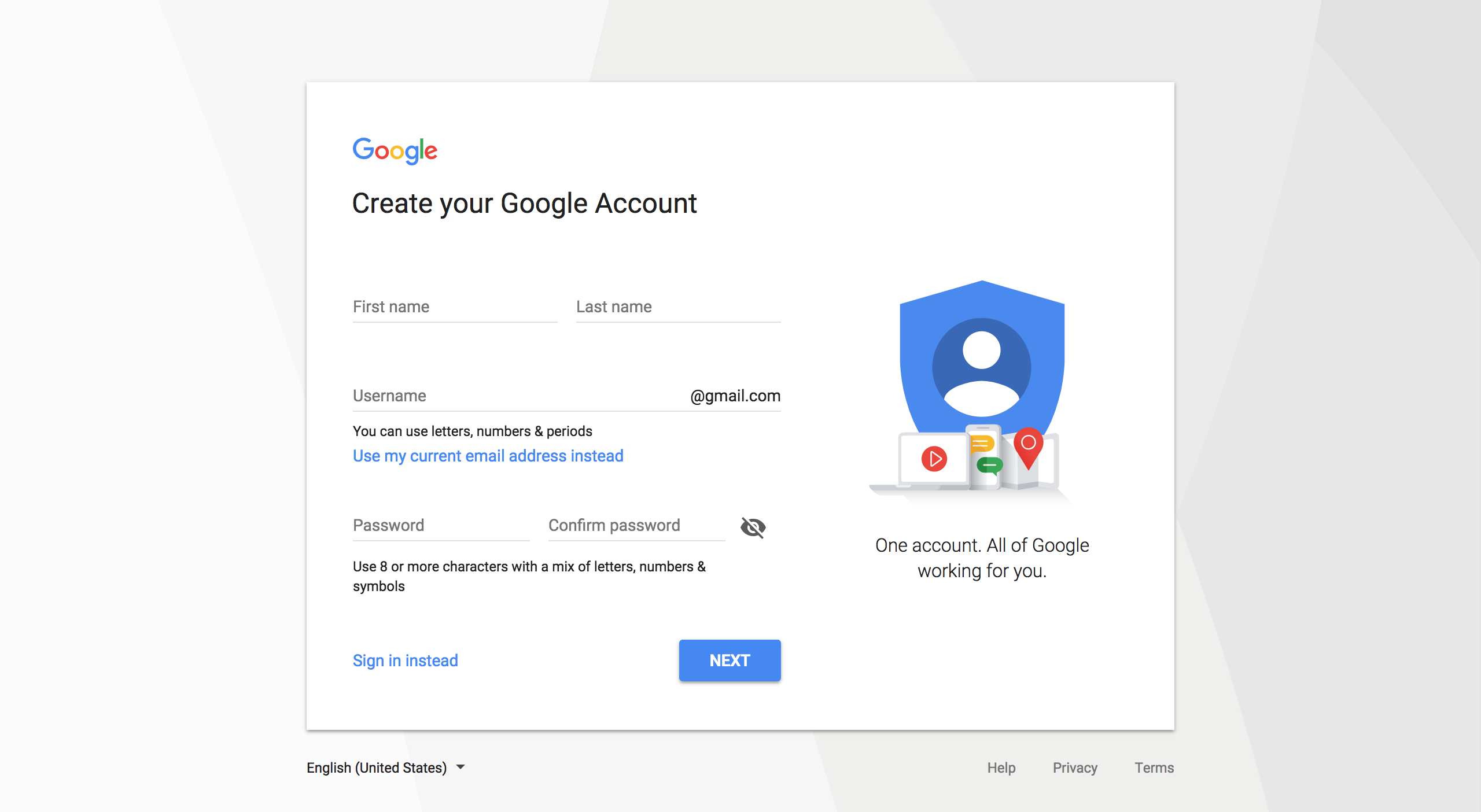 Google account registration page