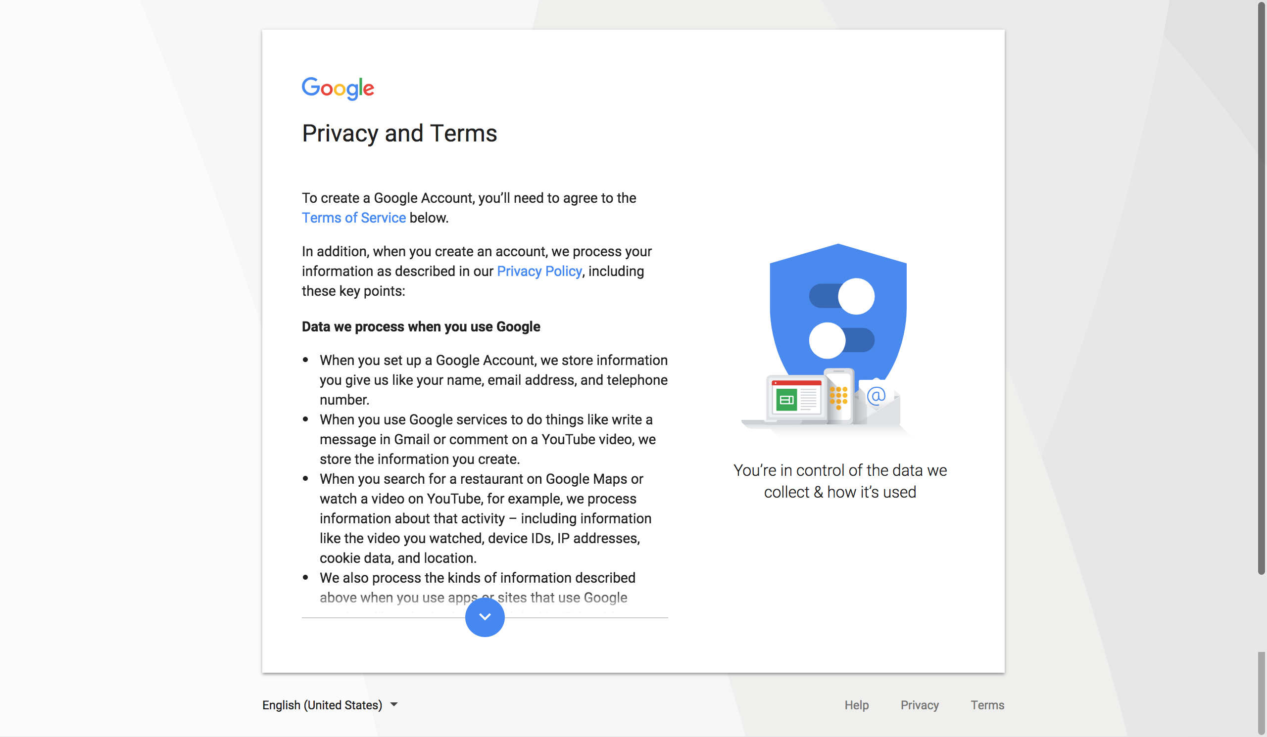 Top of the Privacy and Terms page