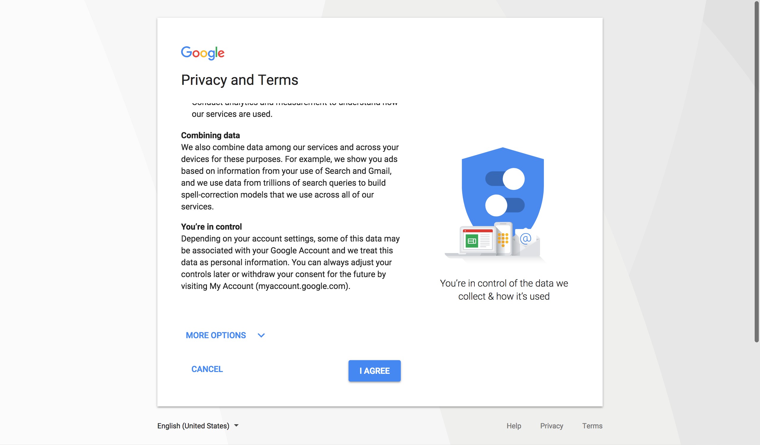 Google Privacy and Terms policy after scrolling