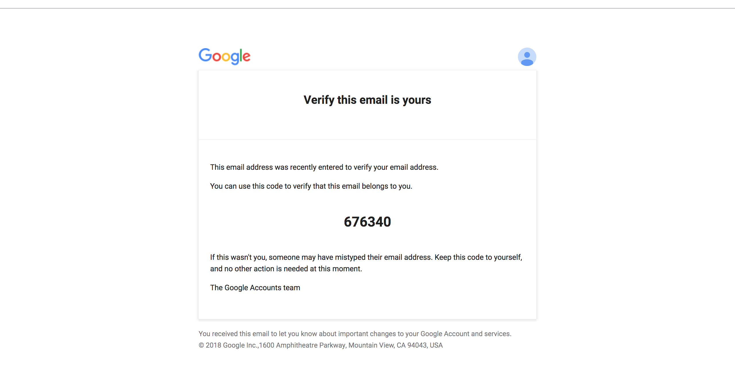 Example email with verification code