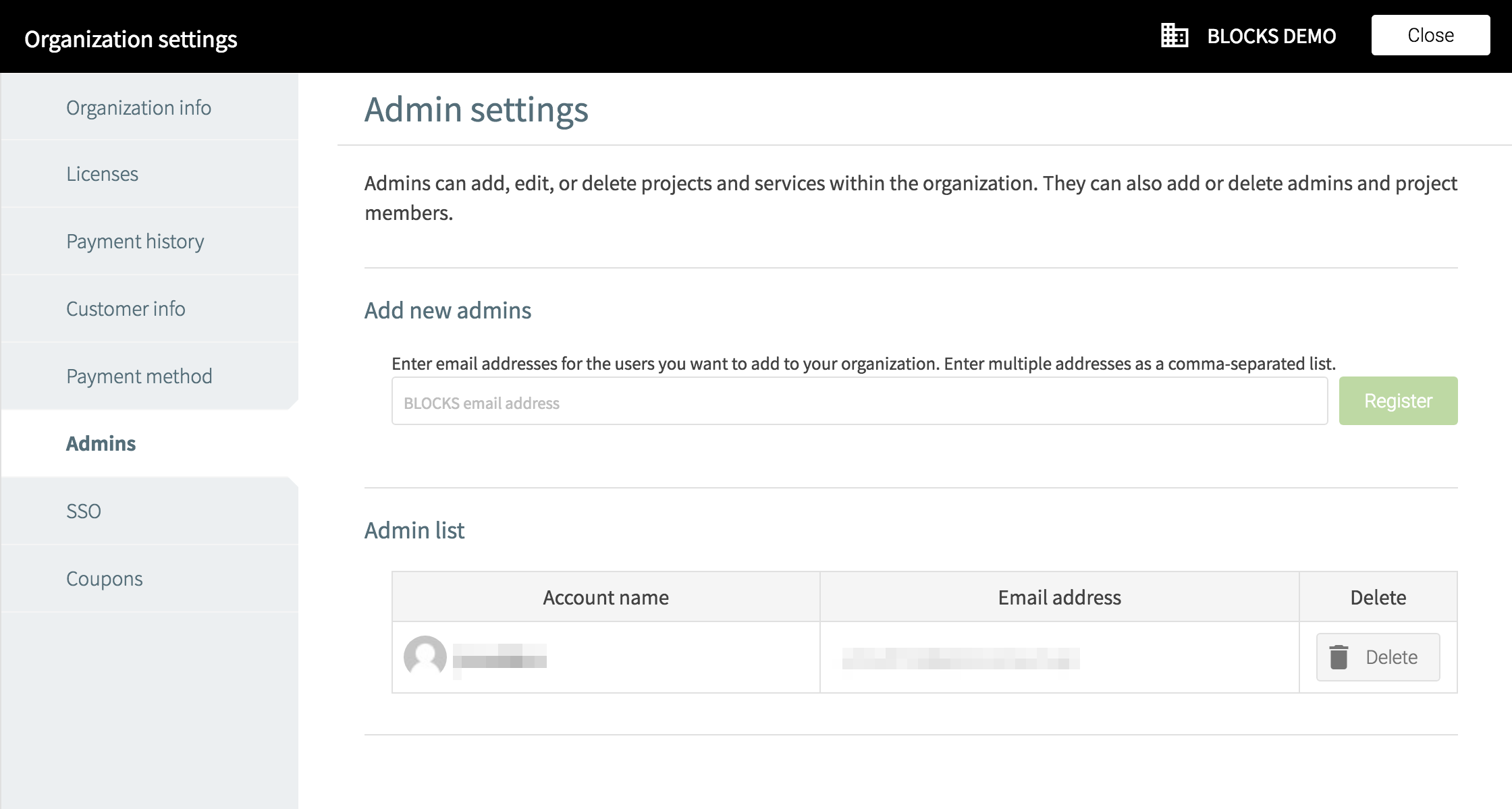 Organization settings admins screen