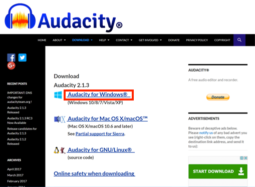 Audacity for Windows link