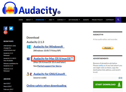 Audacity for Mac download page