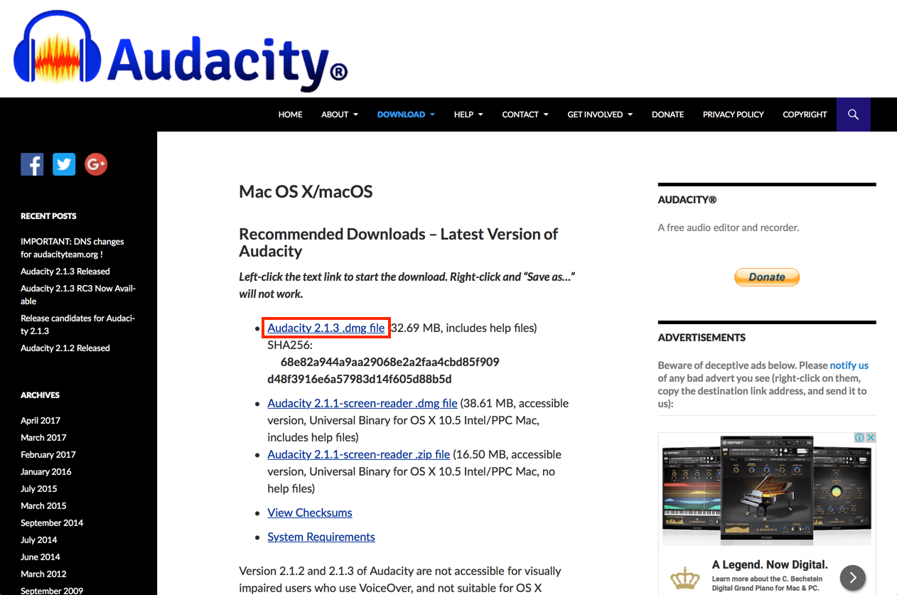 Audacity macOS/OS X version download page