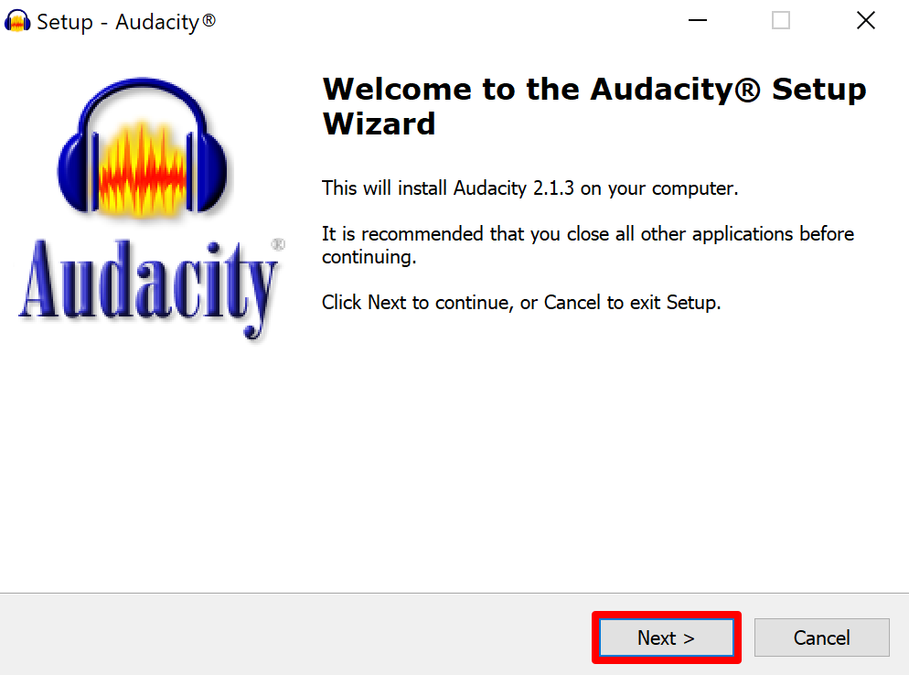 Audacity setup wizard welcome screen