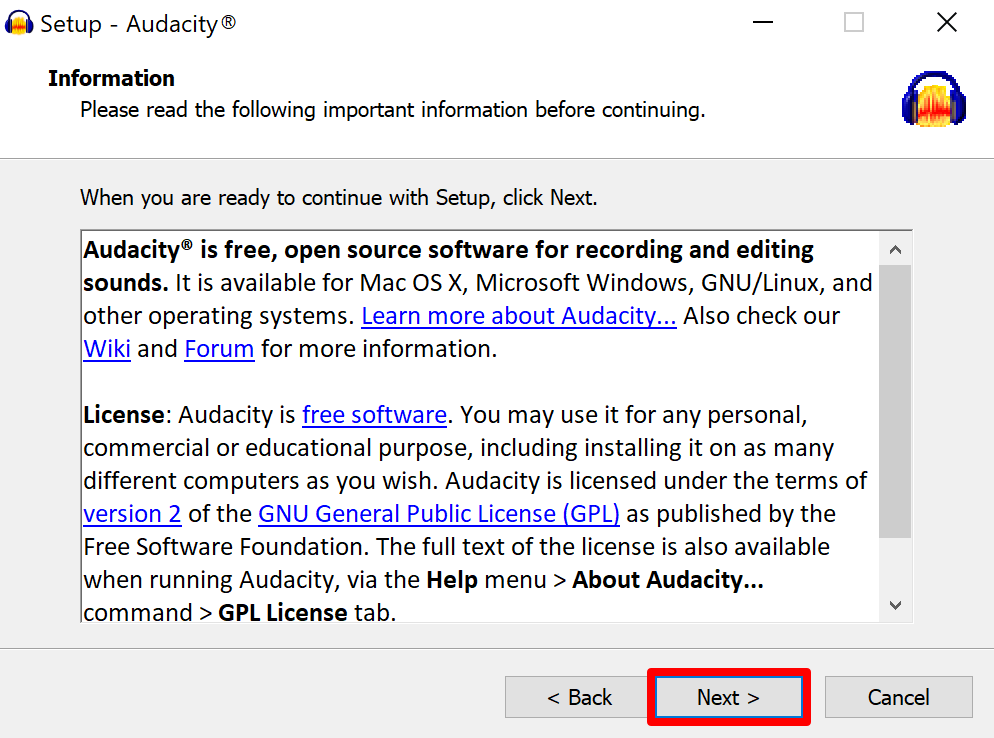 Audacity setup important information screen