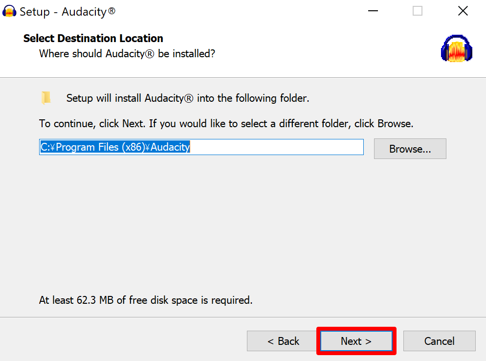 Audacity setup destination folder screen