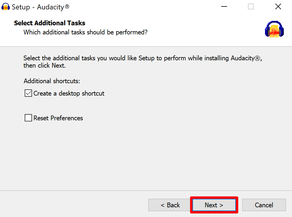 Audacity setup additional tasks screen