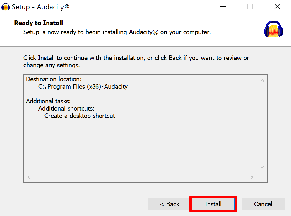 Audacity installation screen