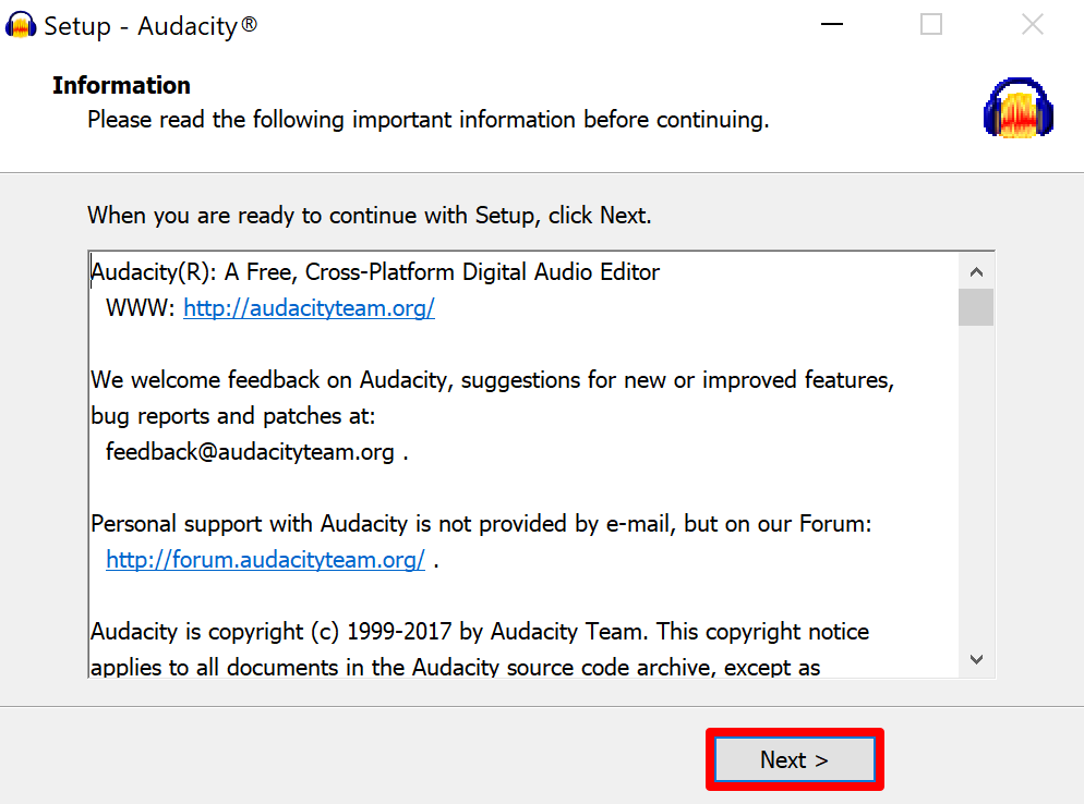 Audacity setup important information screen (post-installation)