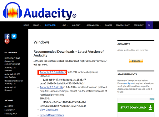 Audacity Windows version download page