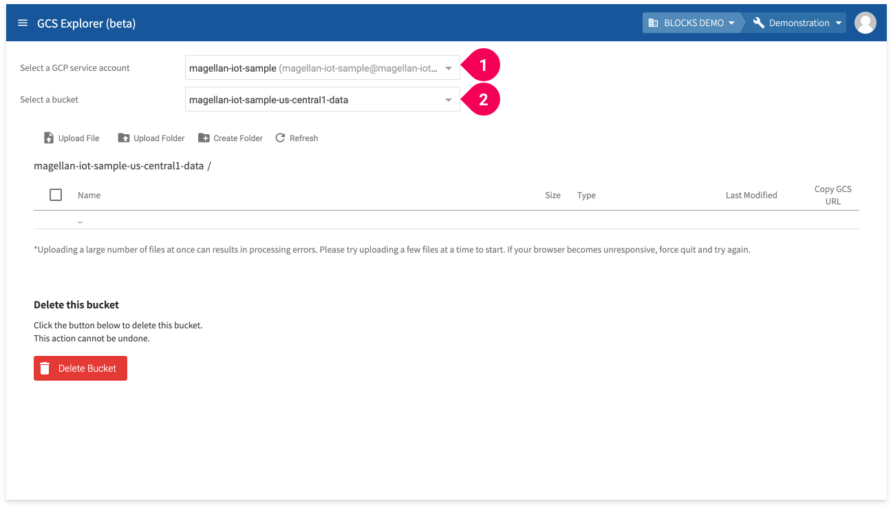 Selecting the GCS service account and bucket in the GCS Explorer