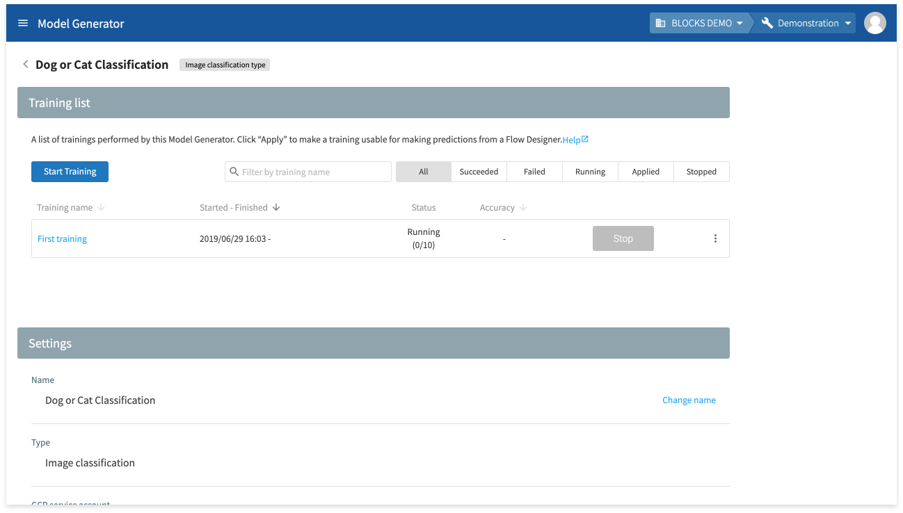 Checking the status of an in-progress training