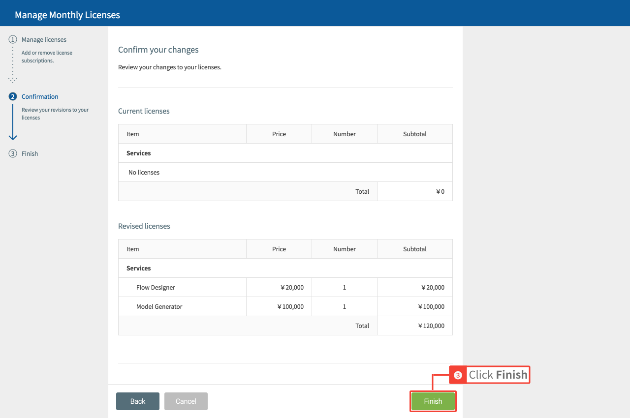 Managing monthly licenses: step 2