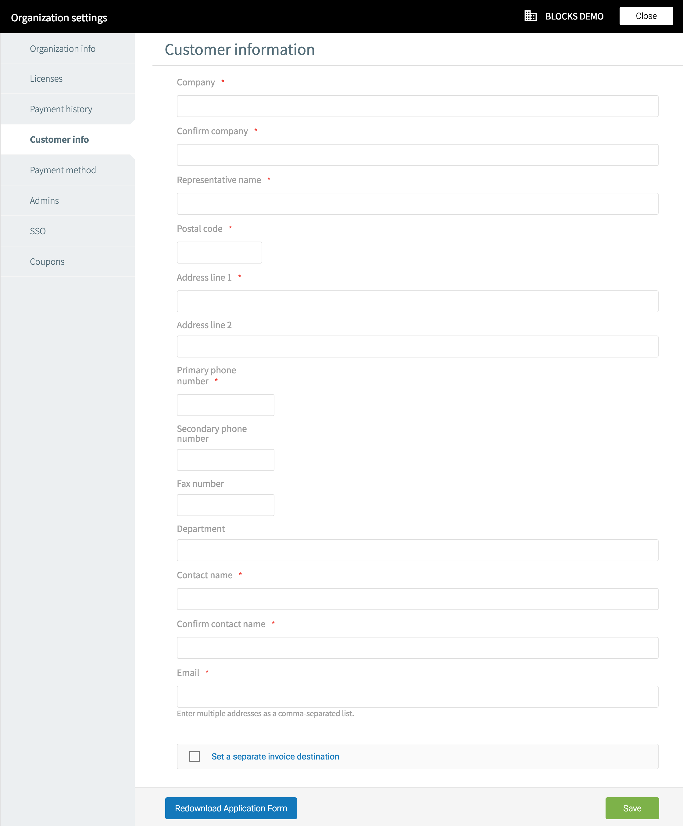 Organization Settings: Customer info screen