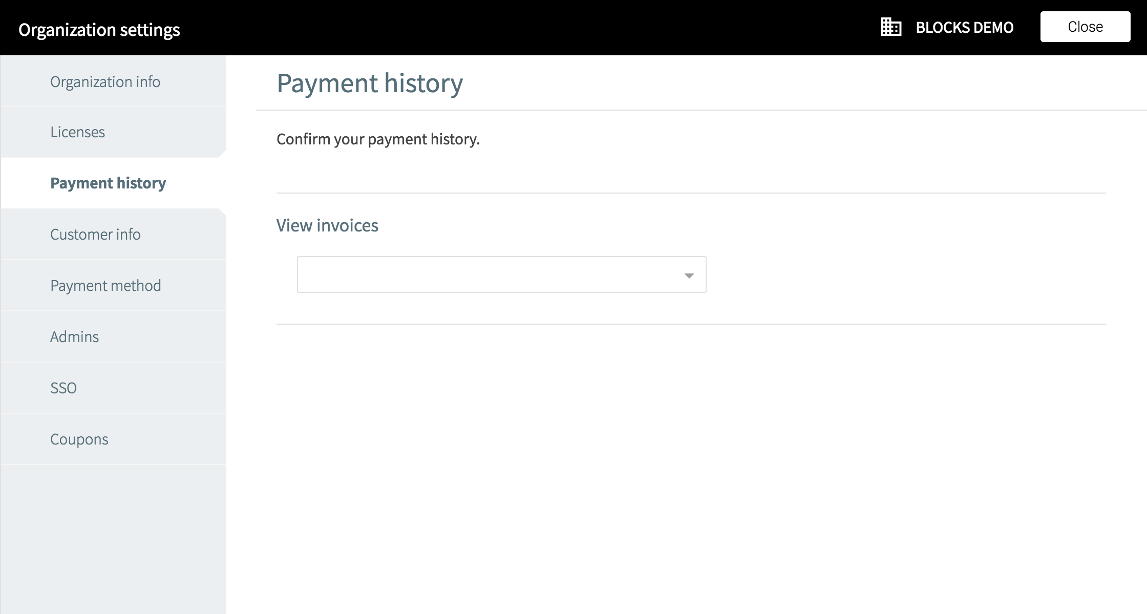 Organization setting payment history screen