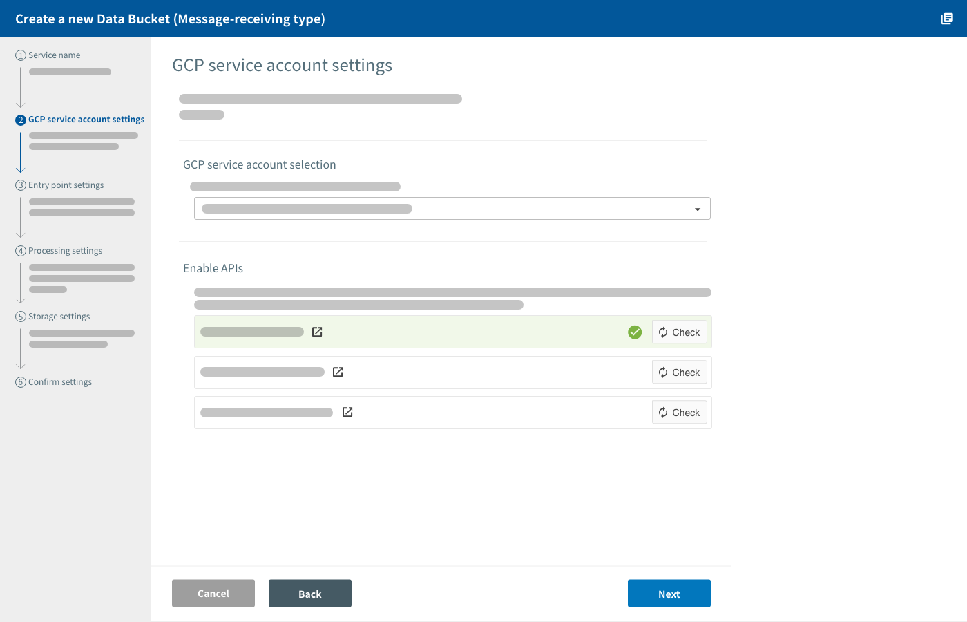 Data Bucket Message type GCP service account settings