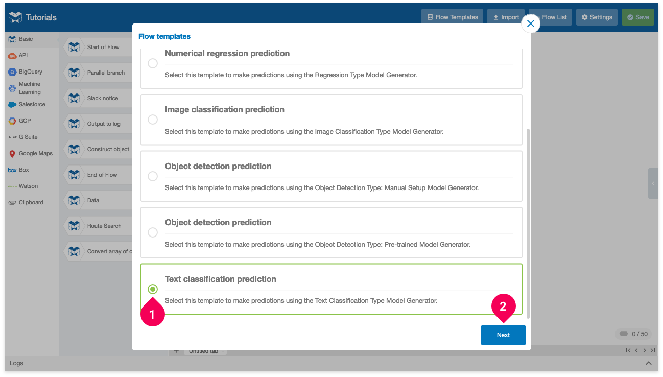 Selecting to create a text classification Flow