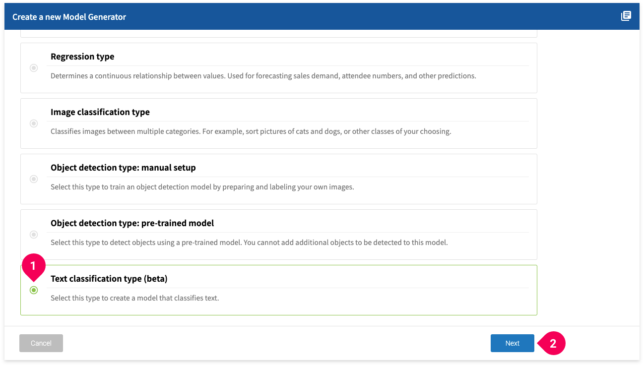 Selecting the text classification model