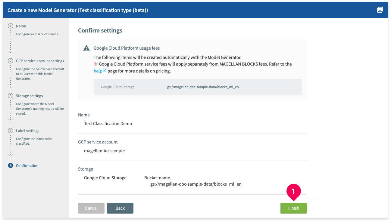 Confirming the settings for your Model Generator