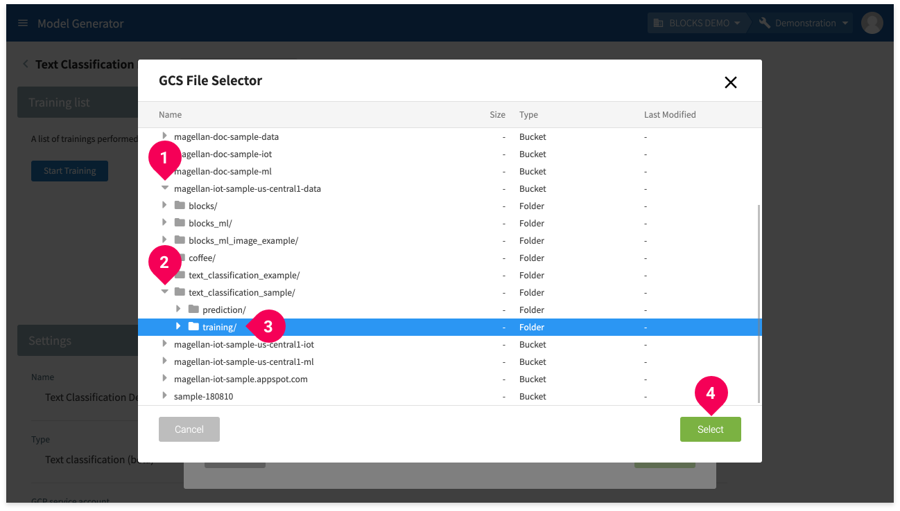 Selecting the training data folder in GCS