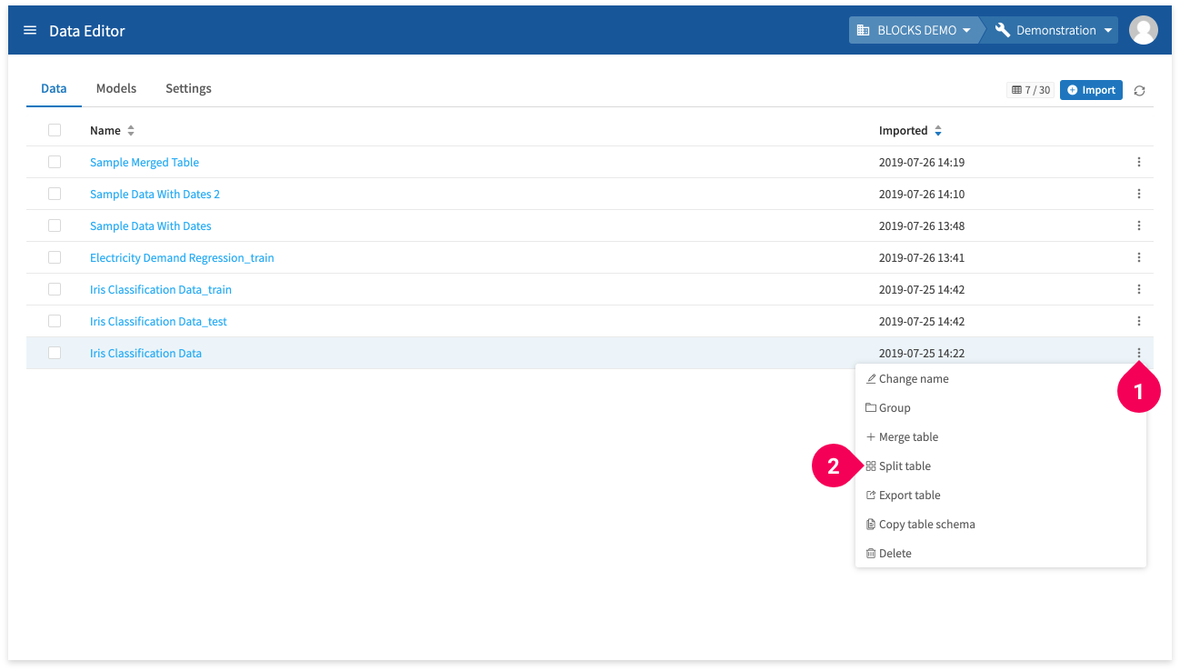 Splitting tables from the data list