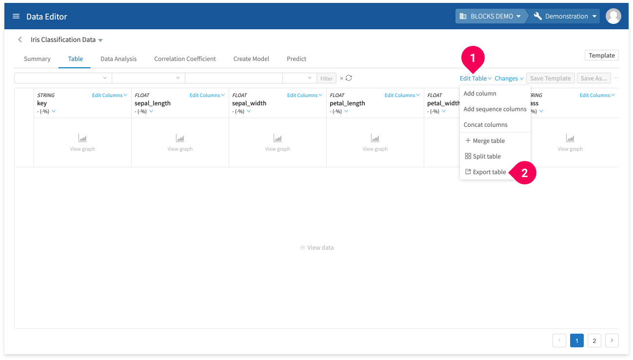 Exporting data from the editor