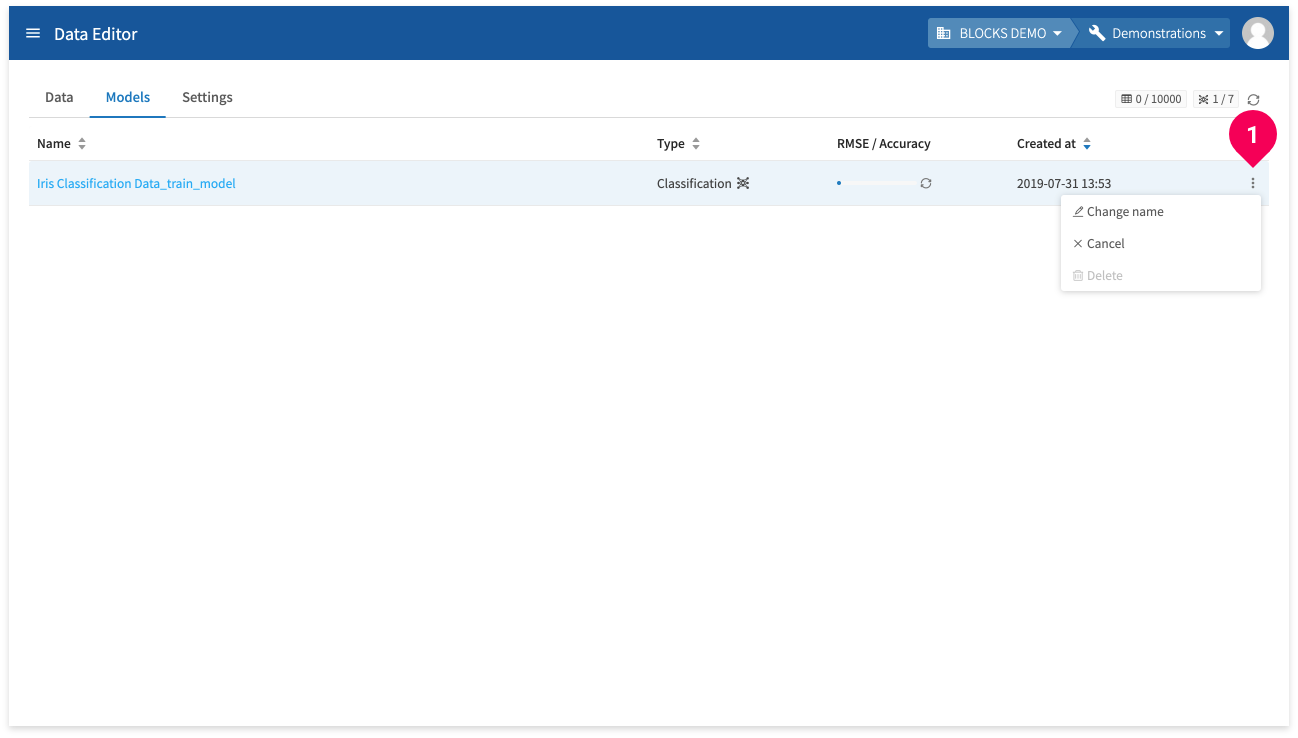 Viewing the menu for a model from the model list