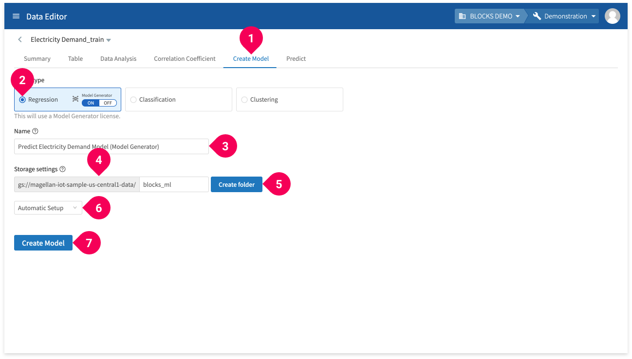 Selecting to create a regression (model generator version) model