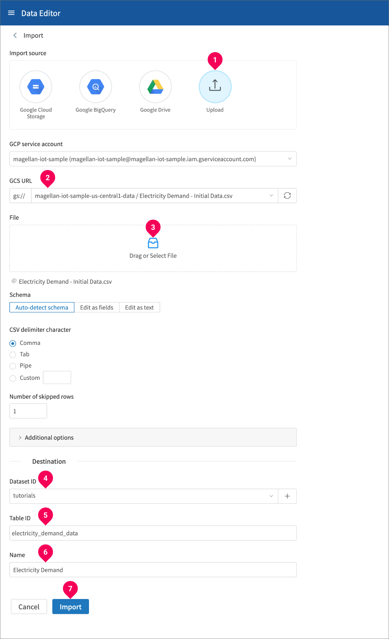 Configuring how to import the file into the DataEditor