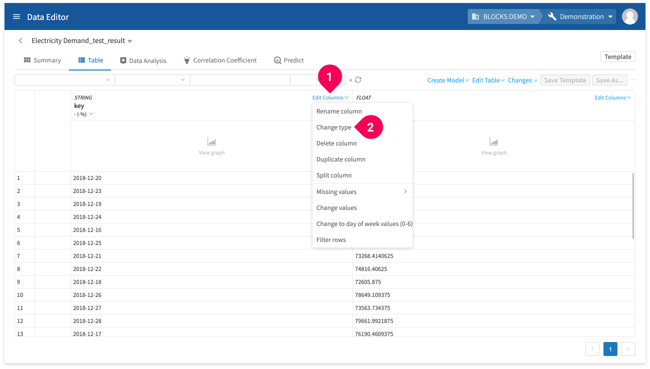 Changing the data type for the key column