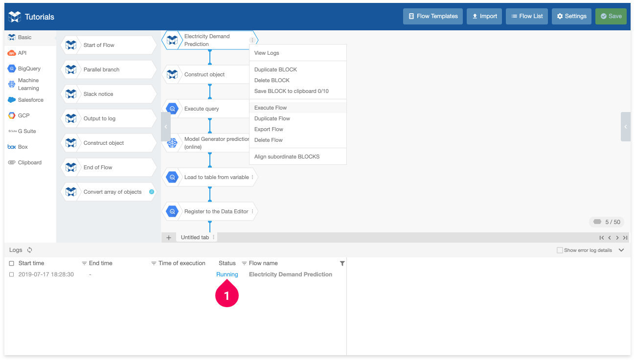 Example of a flow with the running status