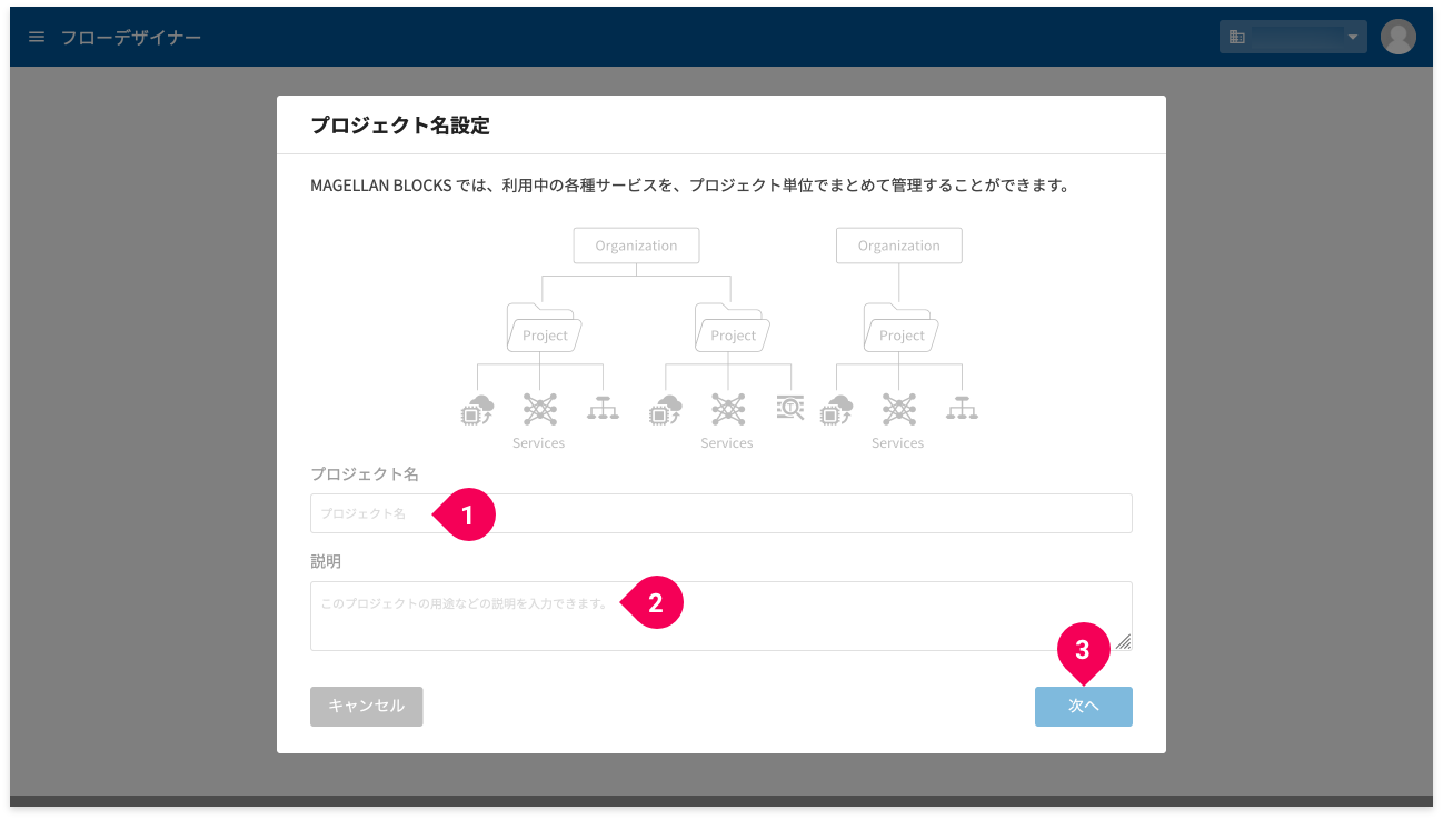 プロジェクト名とプロジェクトの説明を入力する様子