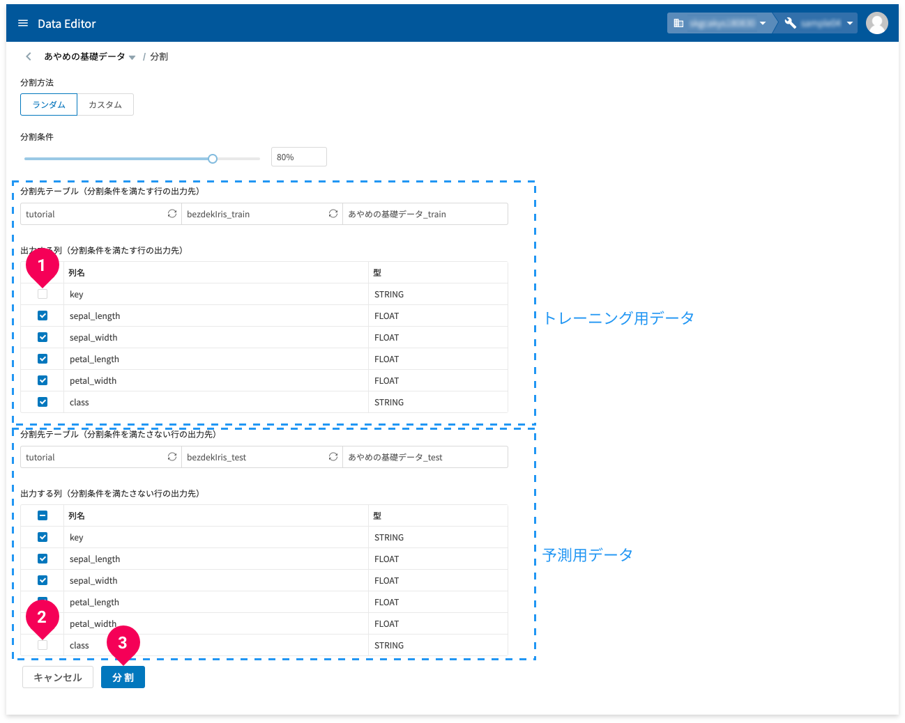 トレーニング用データと予測用データに分割する様子