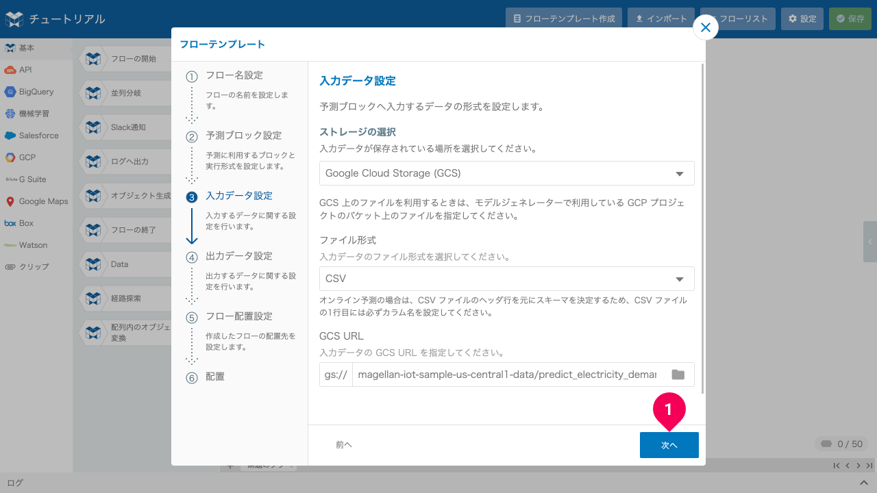 予測用データを設定した様子