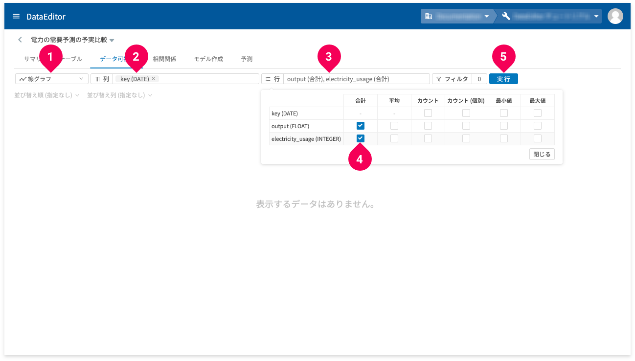グラフ化対象の列と行を指定する様子
