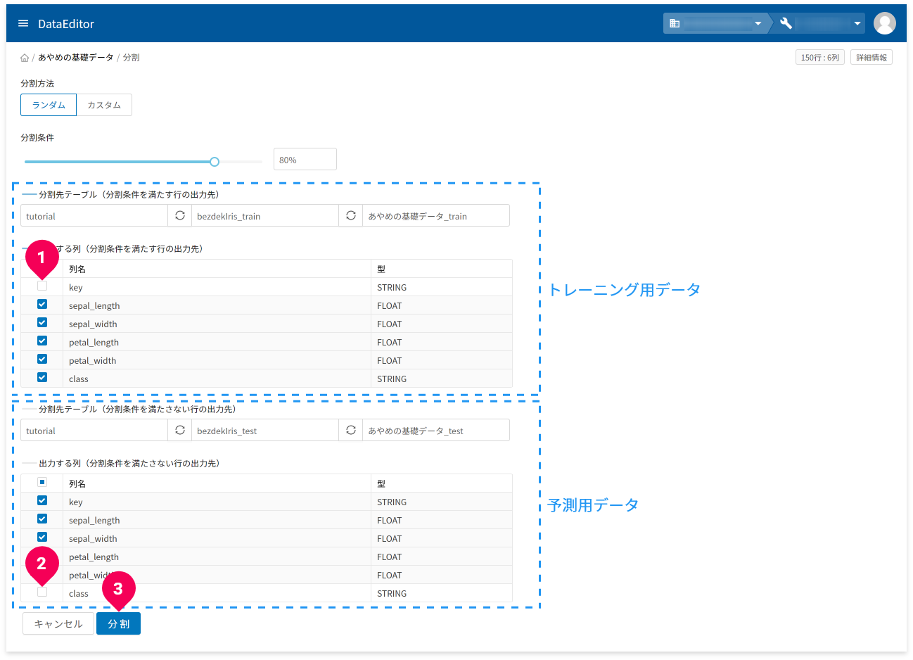 トレーニング用データと予測用データに分割する様子